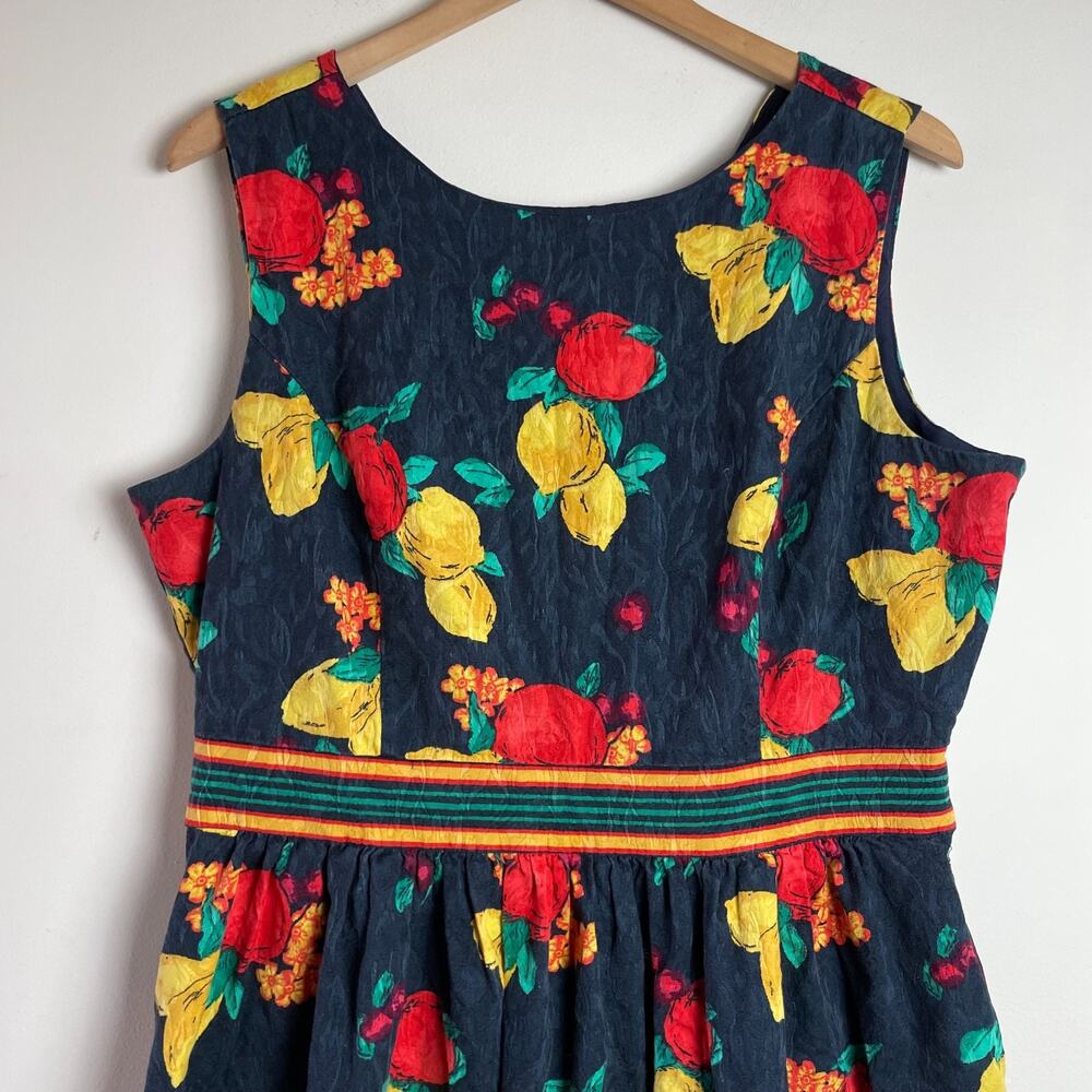 Eva Mendes Fit Flare Dress sz 16 Navy Lemon Tomato Girl Summer Retro Fruit Print - Picture 3 of 10